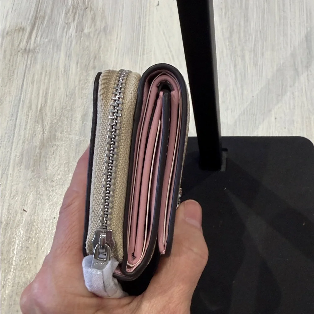Coach Beige Signature Trifold Wallet- Pink Leather Interior